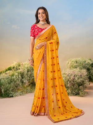 Laxmipati sarees Printed Saree with Attached Blouse Georgette Saree(Yellow)