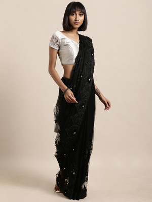Sangria Embroidered Saree with Attached Blouse Net Saree(Black)