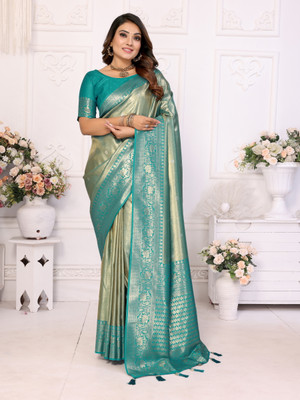 Just Aura Creation Printed Banarasi Tissue Saree(Gold, Dark Green)