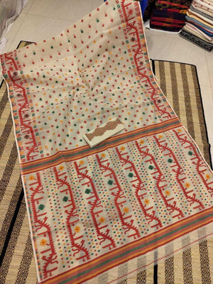 ABEight Woven, Self Design, Solid/Plain, Geometric Print Jamdani Cotton Silk Saree(Cream)