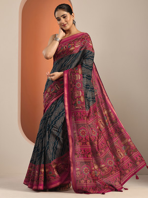 LIBAS Printed Daily Wear Cotton Blend Saree(Blue)