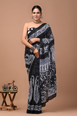MANIHARI Printed, Blocked Printed, Hand Painted Daily Wear Pure Cotton Saree(Black)
