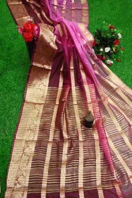 PACHIMAA Floral Print, Temple Border, Dyed Banarasi Organza, Jacquard Saree(Magenta, Pink)