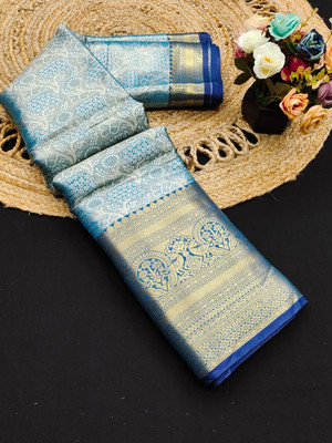WINKLECART Checkered Kanjivaram Pure Silk Saree(Light Blue)