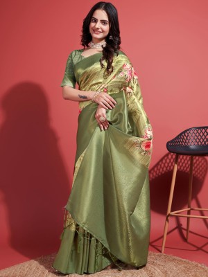 Meena Bazaar Printed Banarasi Art Silk Saree(Green)