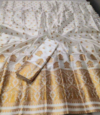 agarwal silk Woven Mekhela Chador Cotton Silk Saree(White)