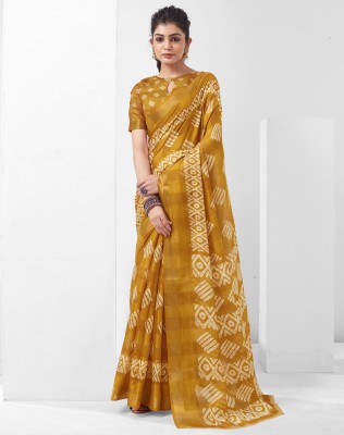 SIRIL Printed, Geometric Print, Floral Print Madhubani Cotton Silk, Cotton Blend Saree(Yellow, White)