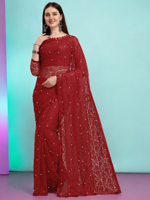 NORAFLEX Embroidered Bollywood Net Saree(Maroon)