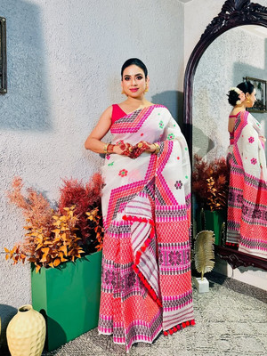 YINATZ KY GARCIA CREATION Woven Mekhela Chador Cotton Silk Saree(White)