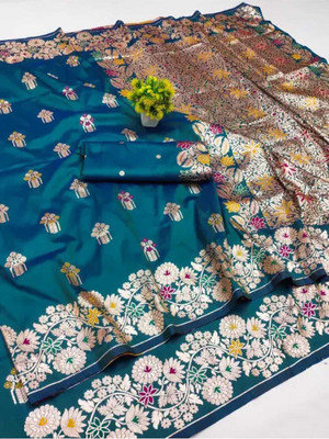 SEMORE Woven, Floral Print, Embellished Banarasi Art Silk Saree(Green)