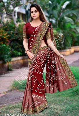 shreeji creation Printed Bandhani Art Silk Saree(Grey)