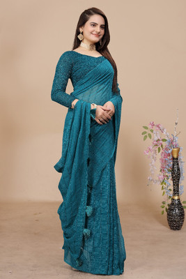 CLICKTHEMALL Solid/Plain Bollywood Chiffon Saree(Light Blue)