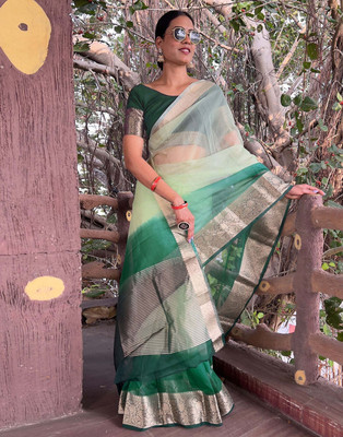 KOTHARI SBT Solid/Plain Bandhani Organza Saree(Light Green)