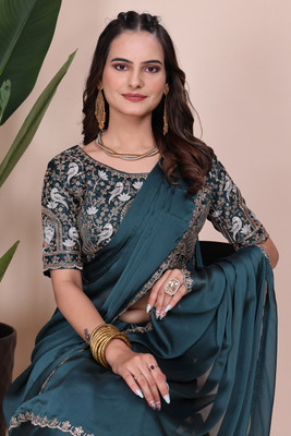 K 5 FASHION Embroidered Bollywood Chiffon Saree(Light Blue)