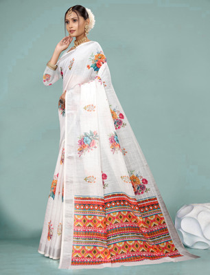 Gajal Printed Kanjivaram Pure Cotton, Cotton Linen Saree(White)