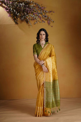 SHREEKHODIYARST Printed Handloom Jacquard, Art Silk Saree(Yellow)