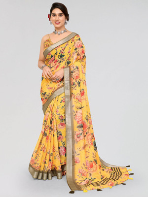 Moda Rapido Printed Bollywood Linen Saree(Yellow)