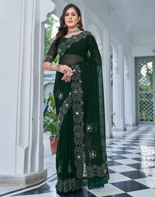 Satrani Dyed, Embellished Bollywood Georgette Saree(Dark Green, Silver)