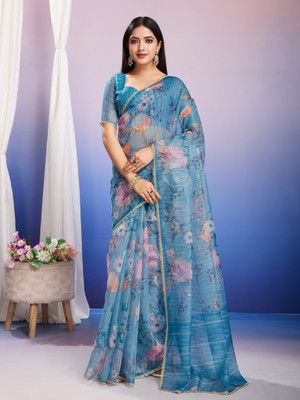 Tasrika Floral Print, Printed Bollywood Organza Saree(Blue)