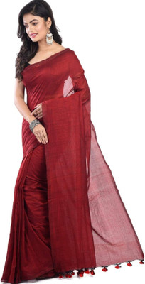 BongAp Self Design Handloom Cotton Blend Saree(Maroon)