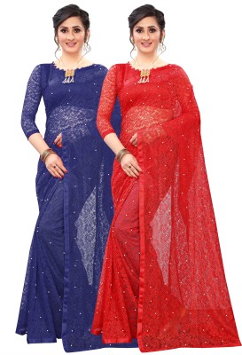 LOROFY Embellished Bollywood Net Saree(Pack of 2, Multicolor)