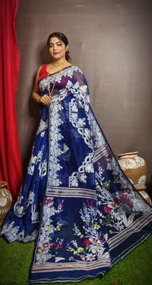M STORE Printed Jamdani Cotton Silk Saree(Blue)