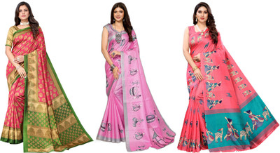 Nirvaan Printed, Woven Mysore Art Silk Saree(Pack of 3, Pink)