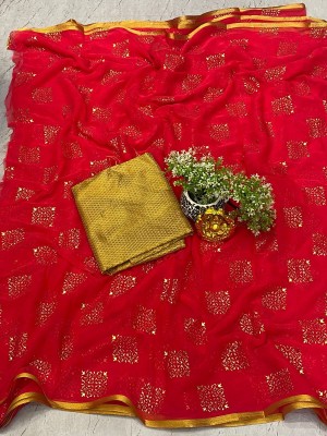 Desi Style Embellished Bollywood Velvet, Chiffon Saree(Red)