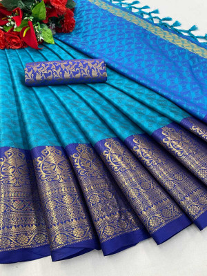 Zinsy Creation Self Design Kanjivaram Silk Blend, Cotton Silk Saree(Blue, Dark Blue)