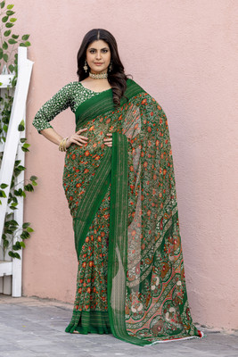 VIBHAGYAA Printed Daily Wear Chiffon Saree(Green)