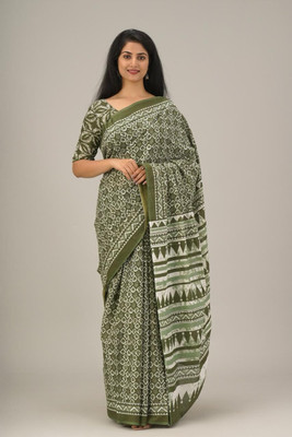 Clothonus Blocked Printed, Hand Painted, Printed, Self Design, Graphic Print Ikkat Pure Cotton Saree(Green)