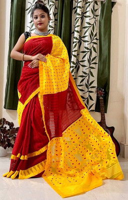 RIDDHIMAN FASHION Self Design Jamdani Cotton Blend Saree(Maroon)
