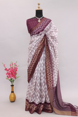 Kjs Printed Ikkat Cotton Silk Saree(Purple)