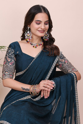 K 5 FASHION Self Design, Embroidered Bollywood Chiffon Saree(Blue)