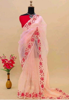 NIYANTAKSH Embroidered Bollywood Net Saree(Orange)