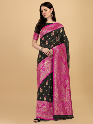Tasrika Woven Baluchari Art Silk, Silk Blend Saree(Black)