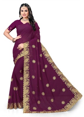 The Silk Shop Embroidered Banarasi Georgette Saree(Purple)