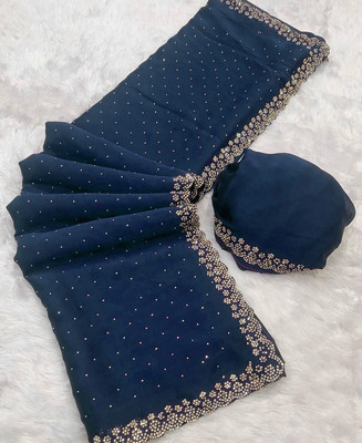 KanjiQueen Solid/Plain, Embellished Daily Wear Georgette, Silk Blend Saree(Dark Blue)