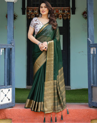 Satrani Woven, Embellished Mangalagiri Chiffon Saree(Green)