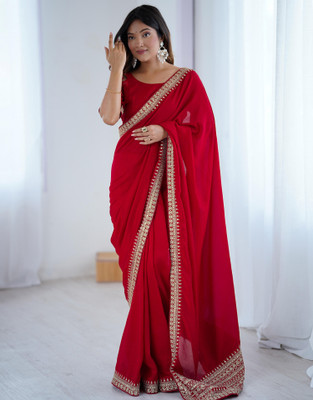 all about you Embroidered, Self Design Bollywood Silk Blend Saree(Red)