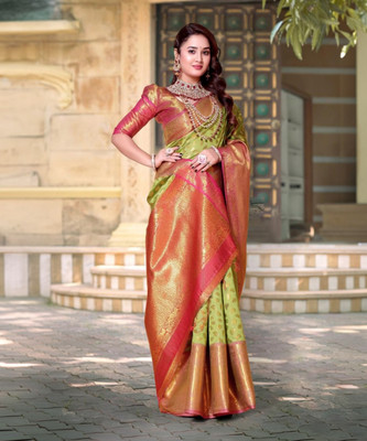 jayant creation Self Design, Woven Banarasi Silk Blend, Jacquard Saree(Light Green, Pink)