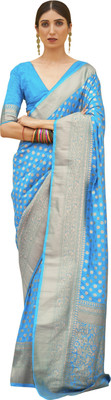 Ratnavati Floral Print Banarasi Nylon Saree(Light Blue)
