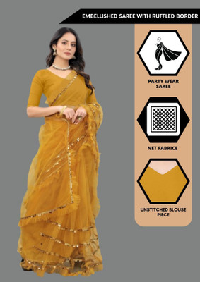 Yashvi Designer Embellished Bollywood Net Saree(Yellow)