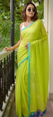HouseOfCommon Solid/Plain, Color Block Bollywood Pure Cotton Saree(Light Green)