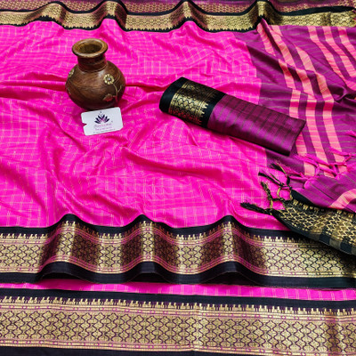 sanvi Woven, Checkered, Embellished, Self Design Daily Wear Jacquard, Cotton Silk Saree(Pink)