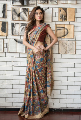 revenclaw Digital Print Chanderi Cotton Linen Saree(Black)