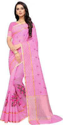 Leeza Store Embroidered Daily Wear Net Saree(Pink)