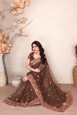 Mikhushop Embroidered Bollywood Supernet Saree(Brown)