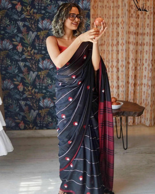Amita Collections Printed Handloom Cotton Blend Saree(Black)