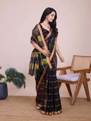 LEOSAGI Woven, Embellished, Striped Kota Doria Cotton Silk Saree(Black)